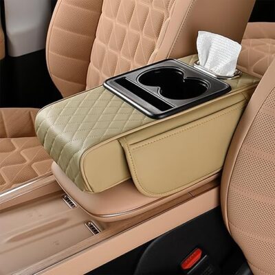 Car Armrest Box Pad Universal Storage Bag, Elbow Support, Soft Cushion & Cup Holder for All Cars Beige
